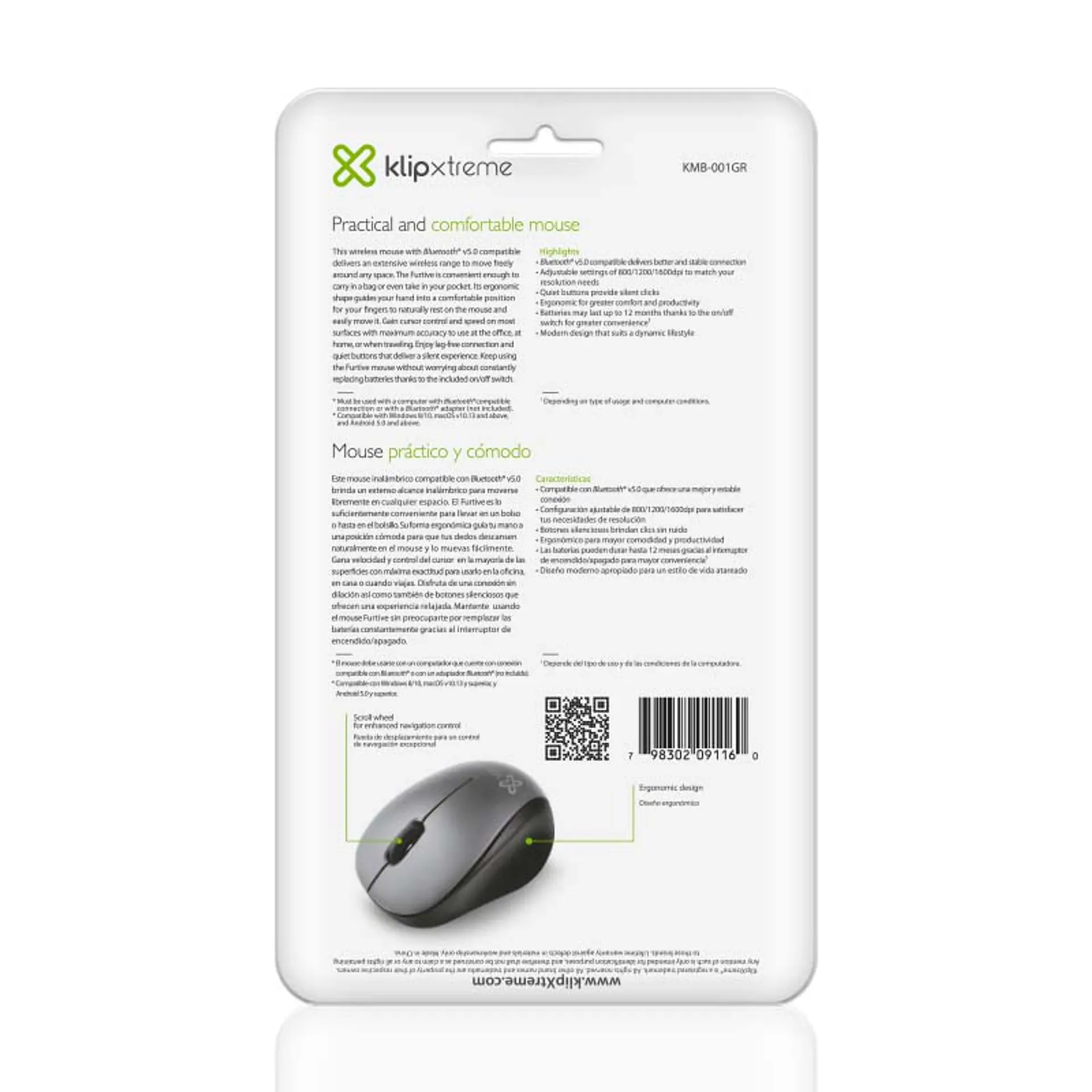 Mouse Bluetooth silencioso Klip Xtreme Furtive KMB-001GR 1600 DPI negro y gris por mayor 3