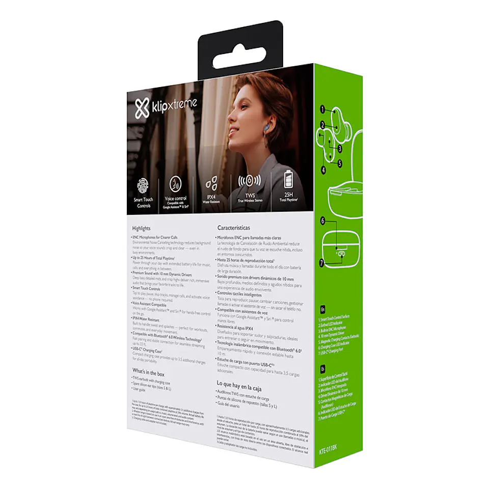 Audífonos TWS Klip Xtreme QuanBuds KTE-011BK Bluetooth 6.0 con micrófono ENC - Negro por mayor 5