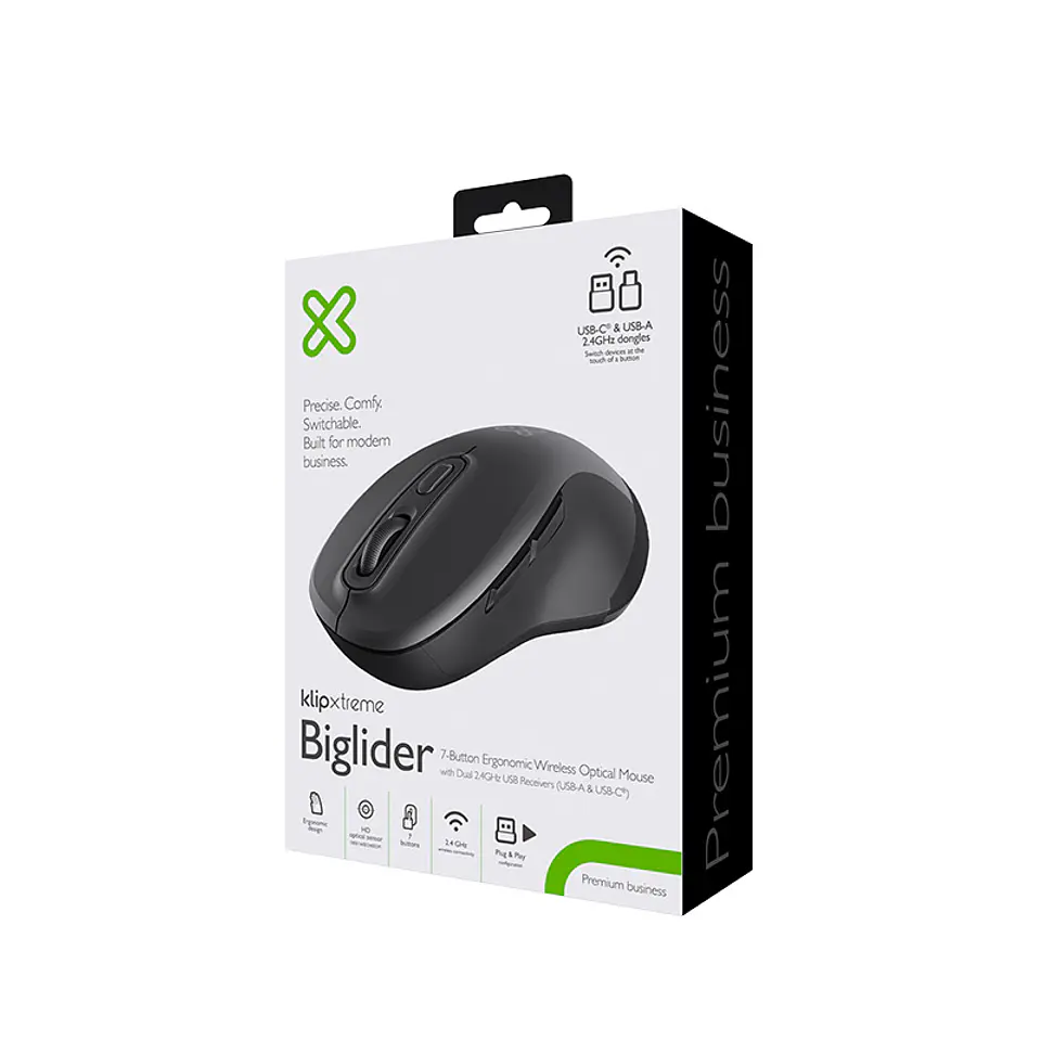 Mouse inalámbrico Klip Xtreme Biglider KMW-550 USB-A y USB-C 2400 DPI negro por mayor 2