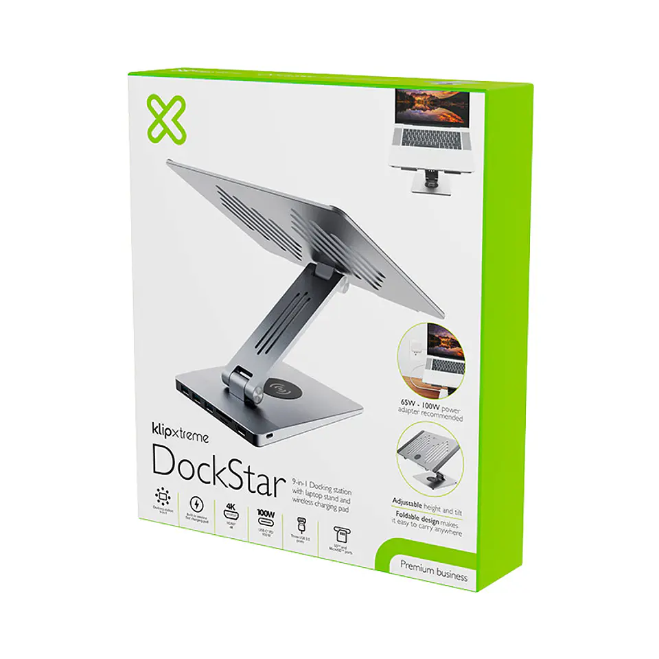 Dock USB-C 9 en 1 Klip Xtreme DockStar KDA-500 con soporte y carga inalámbrica gris espacial por mayor 2
