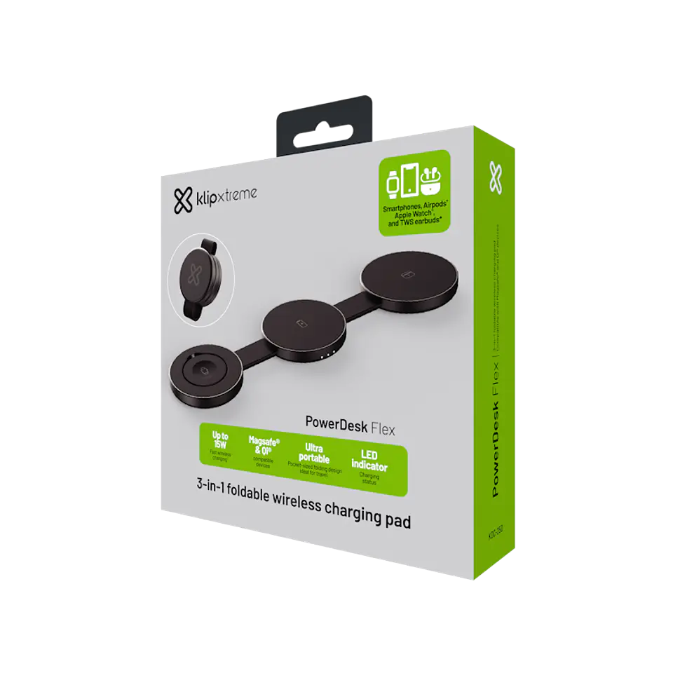 Cargador inalámbrico 3 en 1 Klip Xtreme PowerDesk Flex KDC-250 plegable 15 W gris y plateado por mayor 2