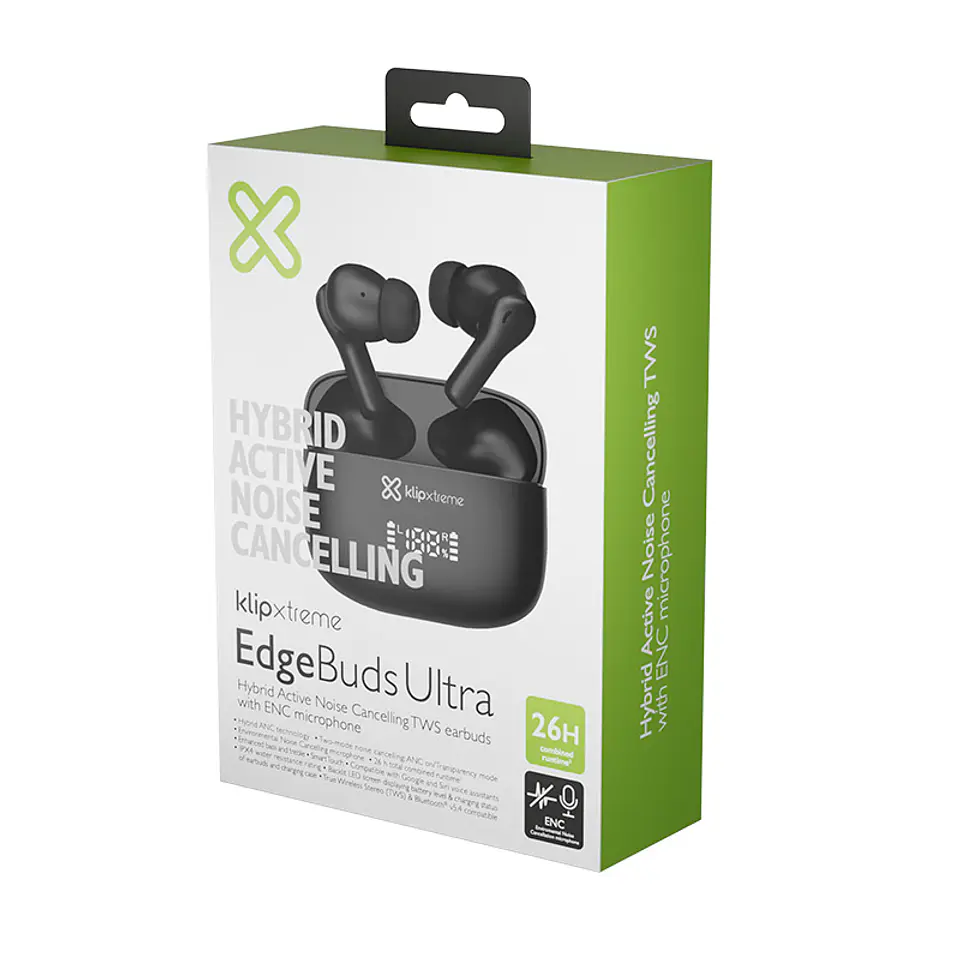 Audífonos TWS Klip Xtreme EdgeBuds Ultra KTE-850BK con ANC híbrida y estuche LED - Negro por mayor 4