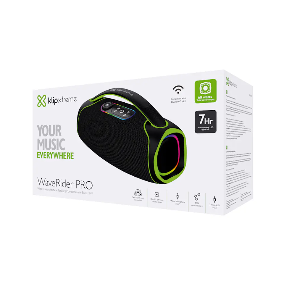 Parlante Bluetooth Klip Xtreme WaveRider Pro KBB-500 60 W RMS IPX5 con luces LED - Negro por mayor 4