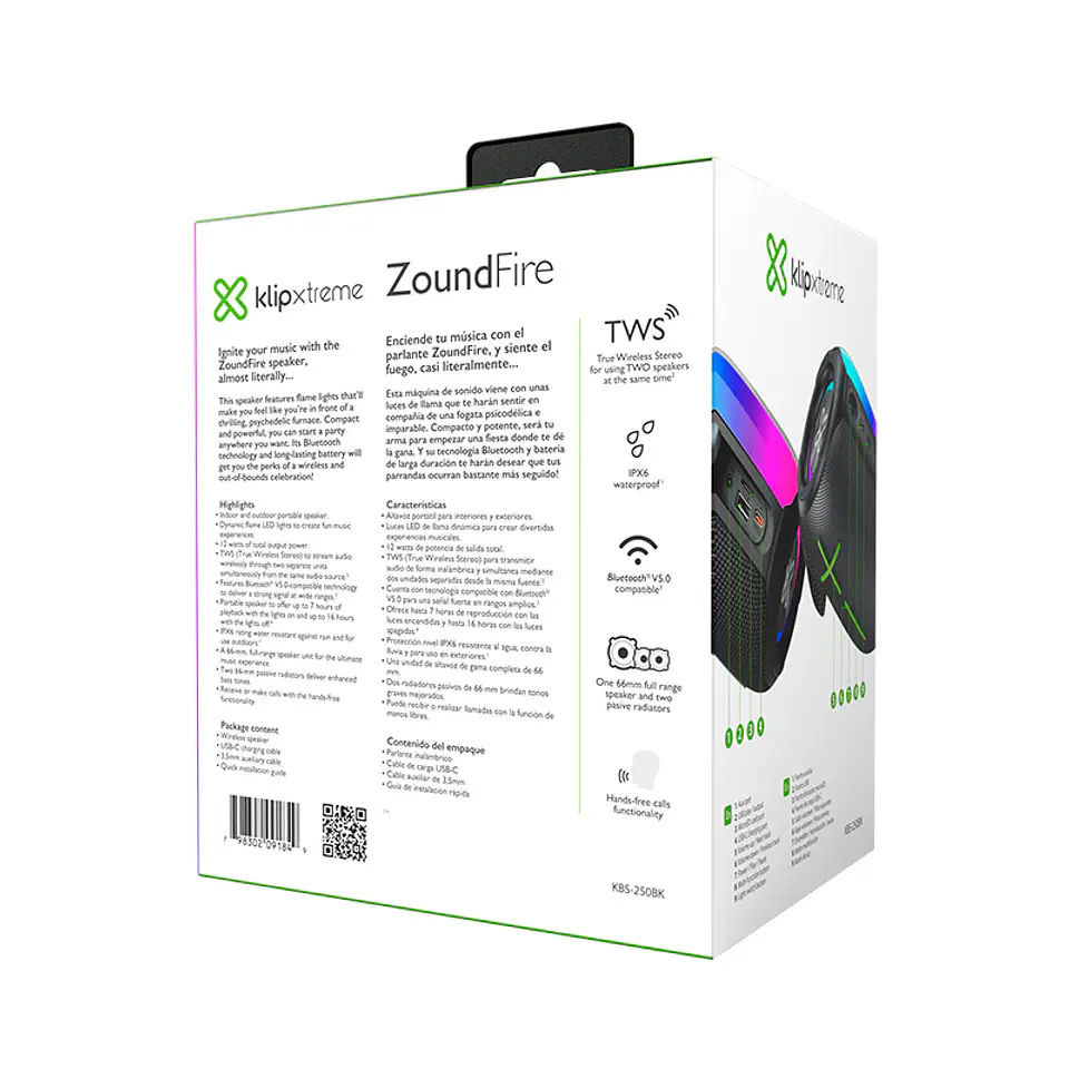 Parlante Bluetooth Klip Xtreme ZoundFire KBS-250BK 12 W RMS con luces LED de llama - Negro por mayor 5