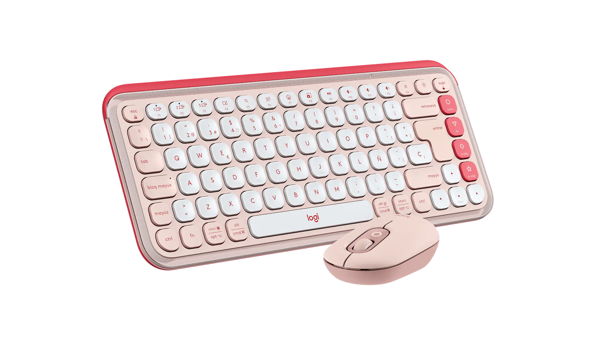 Combo teclado y mouse Logitech POP Icon Bluetooth español rosa y blanco crudo por mayor 3