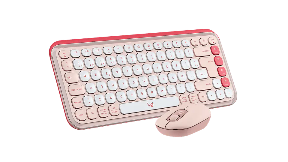 Combo teclado y mouse Logitech POP Icon Bluetooth español rosa y blanco crudo por mayor 3