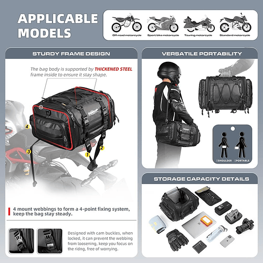 Bolso de cola para moto Rhinowalk MT4026 expandible de 19 a 26 litros impermeable