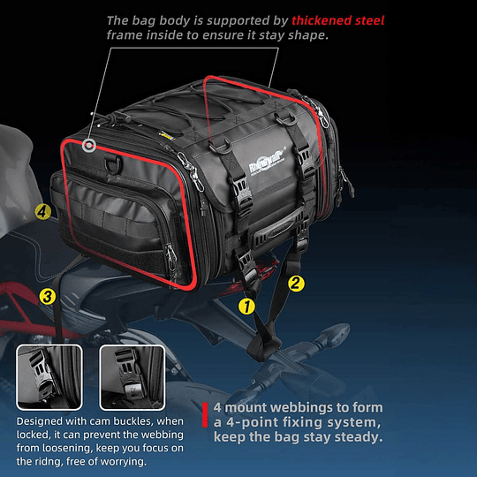 Bolso de cola para moto Rhinowalk MT4026 expandible de 19 a 26 litros impermeable