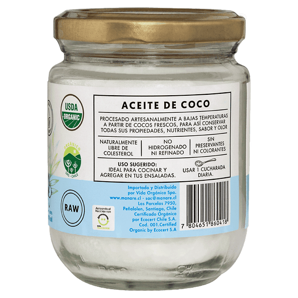 Aceite de coco Orgánico 200ml Manare 3