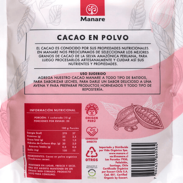 Cacao en polvo Orgánico 200gr Manare 3