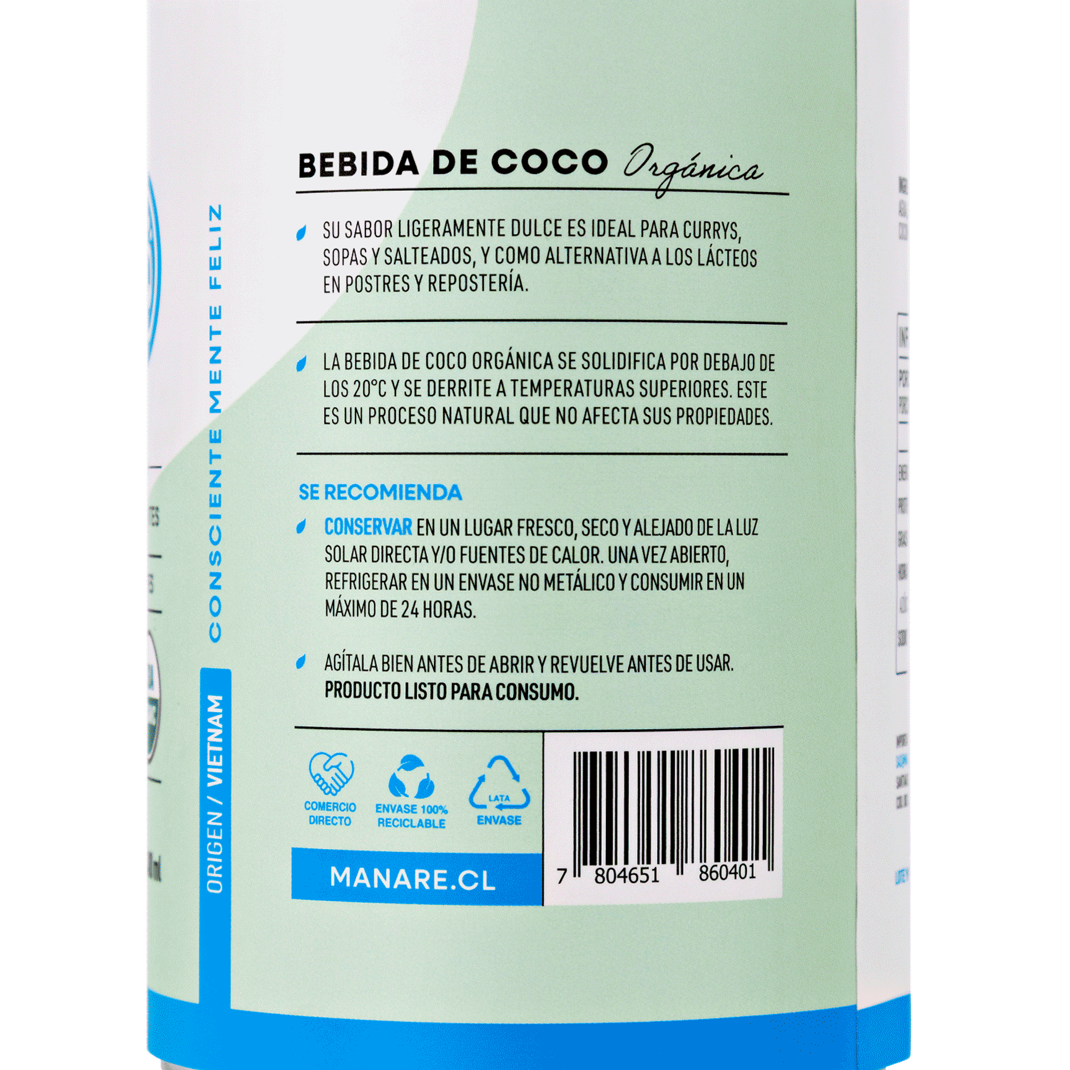 Leche de Coco Orgánica 400ml Manare 2