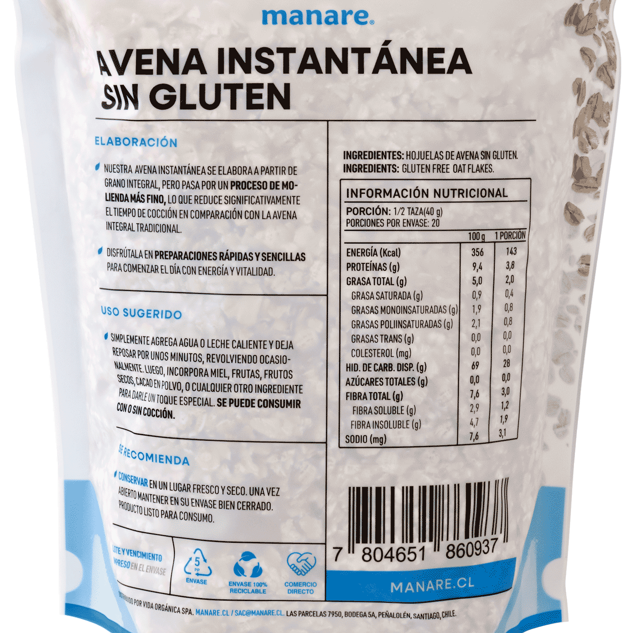Avena Sin gluten instantánea 800gr Manare 3