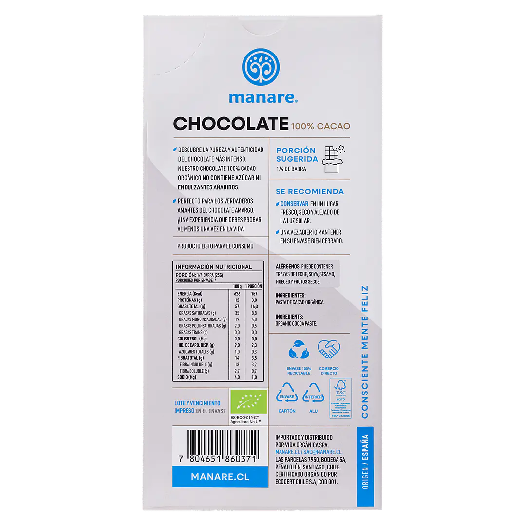 Chocolate 100% Cacao Orgánico 100gr Manare 2