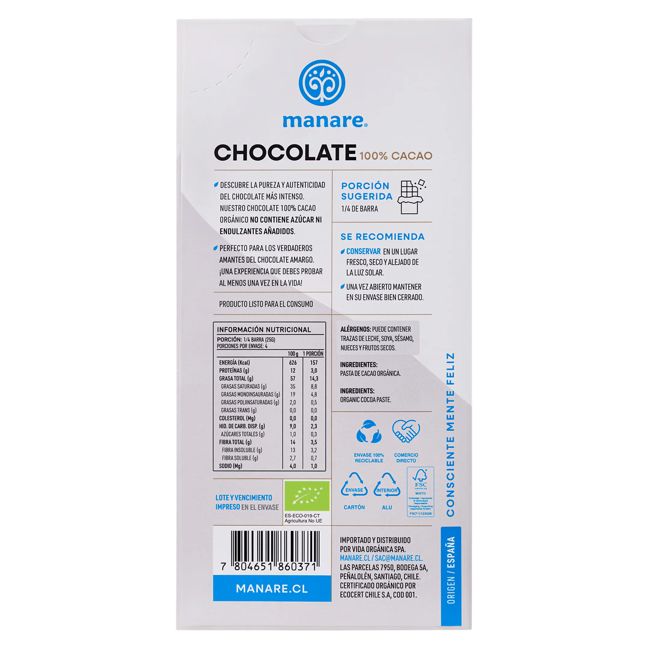 Chocolate 100% Cacao Orgánico 100gr Manare 2