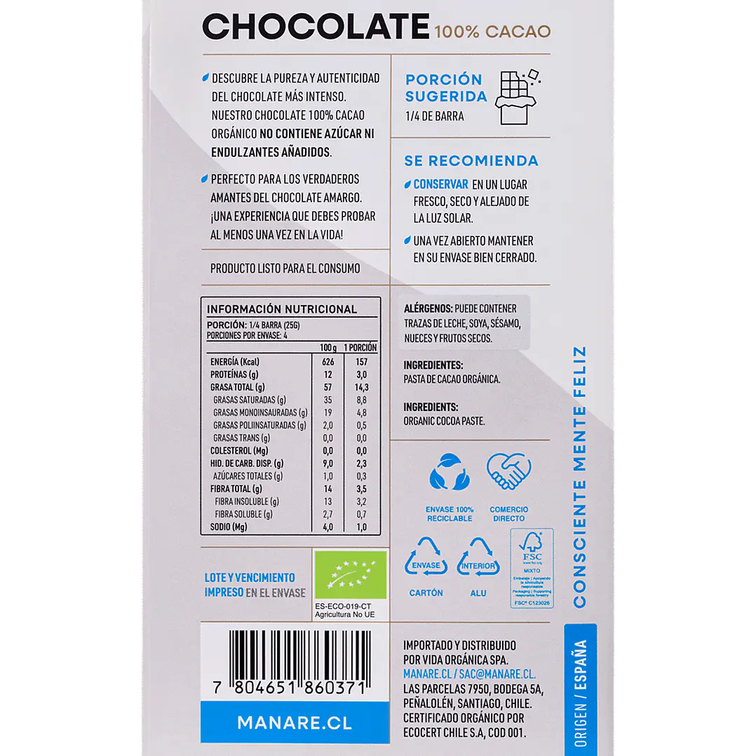 Chocolate 100% Cacao Orgánico 100gr Manare 3
