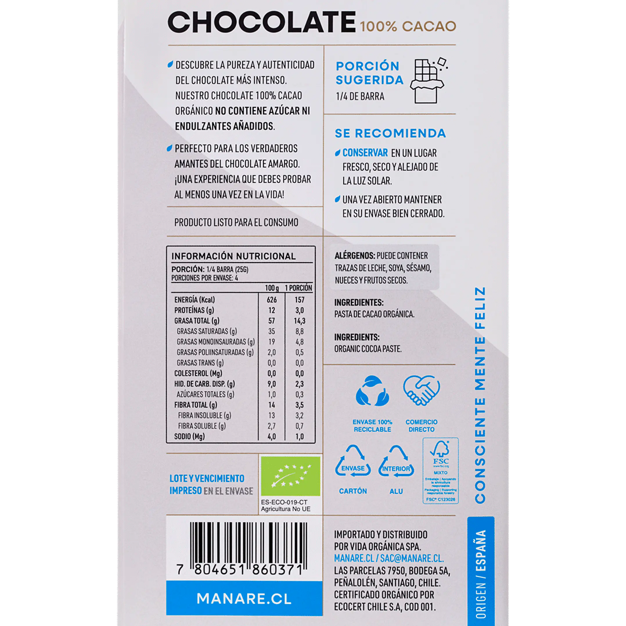 Chocolate 100% Cacao Orgánico 100gr Manare 3
