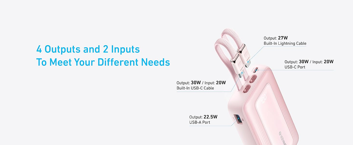 Powerbank con cables integrados portátil USB-C 20000mAh 30W Anker 2