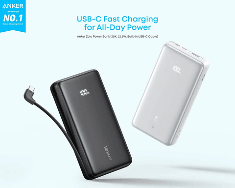 Powerbank con cable integrado USB-C portátil 20000mAh 22.5W Anker