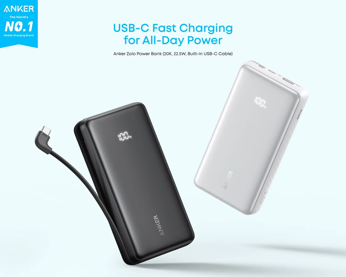 Powerbank con cable integrado USB-C portátil 20000mAh 22.5W Anker 1