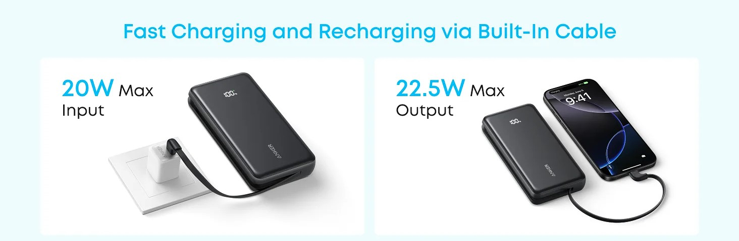 Powerbank con cable integrado USB-C portátil 20000mAh 22.5W Anker 3