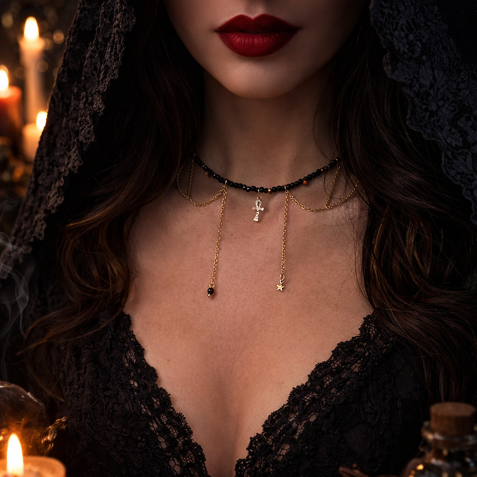 Collar de turmalina negra y  cruz Ankh  bañadas en oro 2