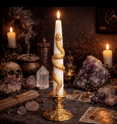 🐍🕯️ Vela Blanca con Serpiente Dorada  23 cm– Apertura de Caminos y Transformación