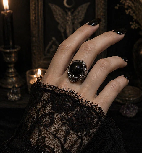 Anillo ajustable de plata envejecida 925 con Obsidiana