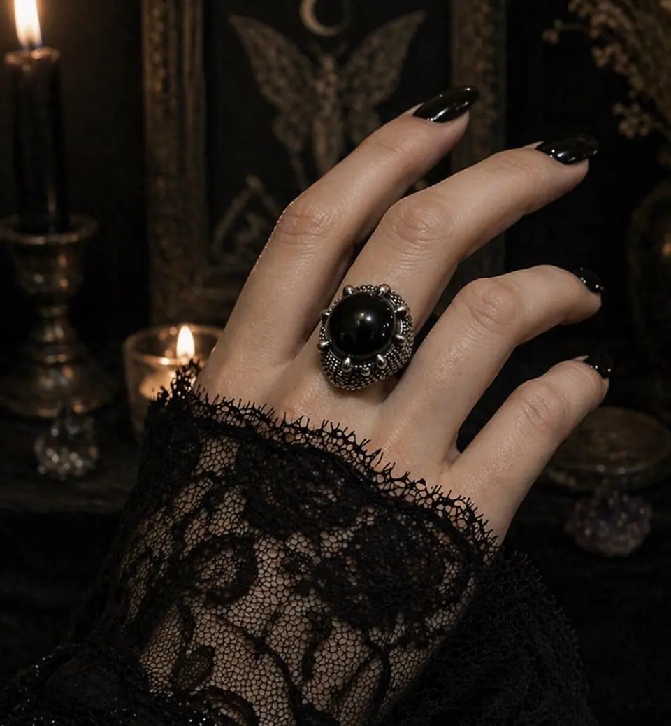 Anillo ajustable de plata envejecida 925 con Obsidiana 1