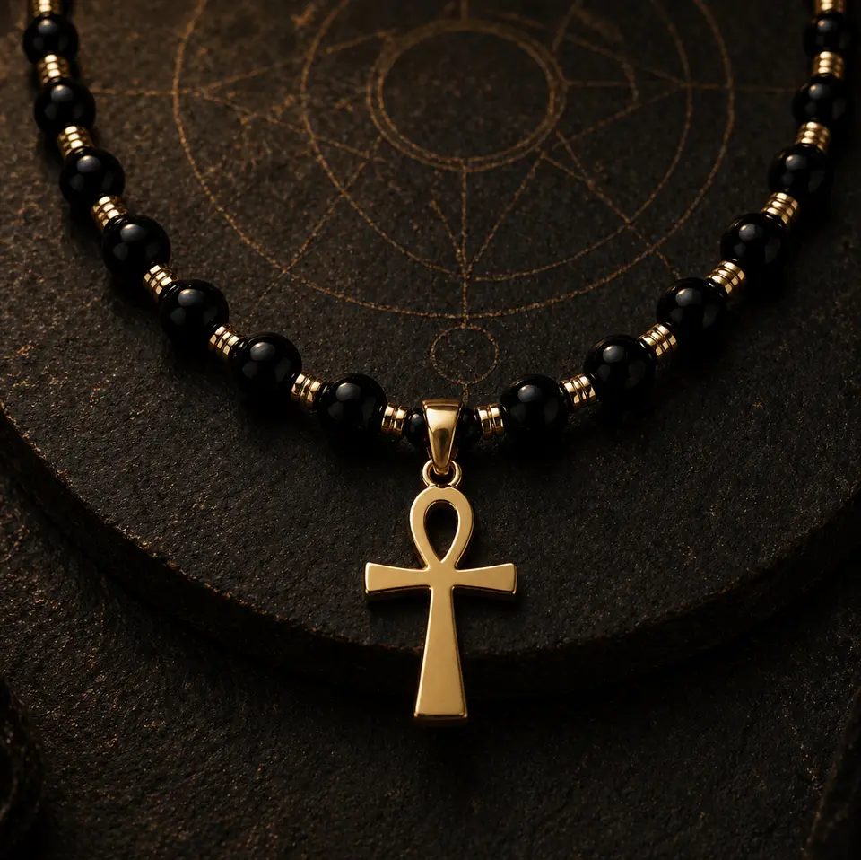 ✨ COLLAR OBSIDIANA PLATEADA & ÓNIX con Cruz Ankh ✨ Pieza única 1