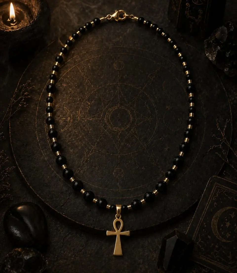✨ COLLAR OBSIDIANA PLATEADA & ÓNIX con Cruz Ankh ✨ Pieza única 3