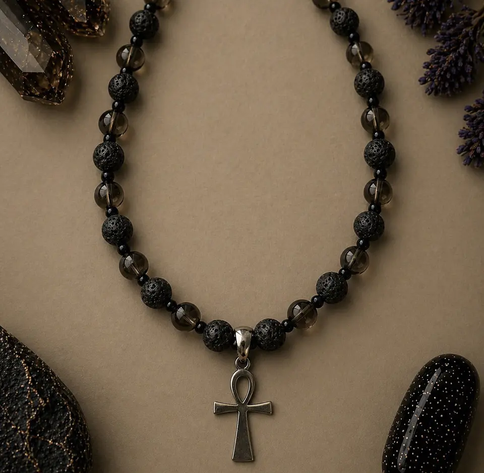 ✧ COLLAR PIEDRA VOLCÁNICA & CUARZO AHUMADO ✧ con Cruz Ankh pieza única 1