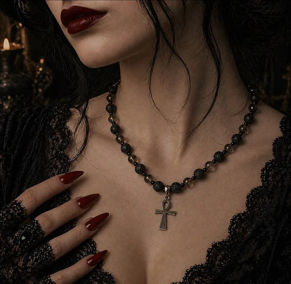 ✧ COLLAR PIEDRA VOLCÁNICA & CUARZO AHUMADO ✧ con Cruz Ankh pieza única 2