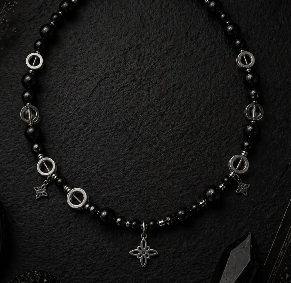 ✧ COLLAR ÓNIX & CUARZO AHUMADO ✧ con dijes Nudo de Bruja 2