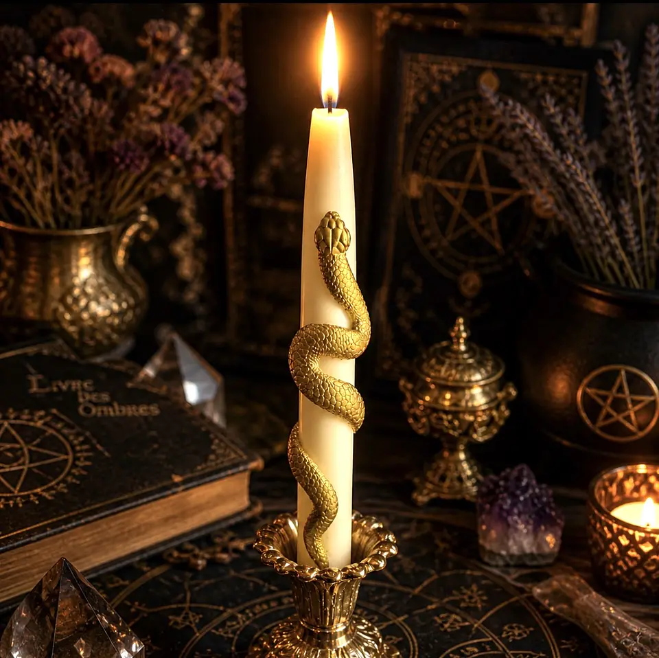 🐍🕯️ Vela Blanca con Serpiente Dorada  23 cm– Apertura de Caminos y Transformación 1
