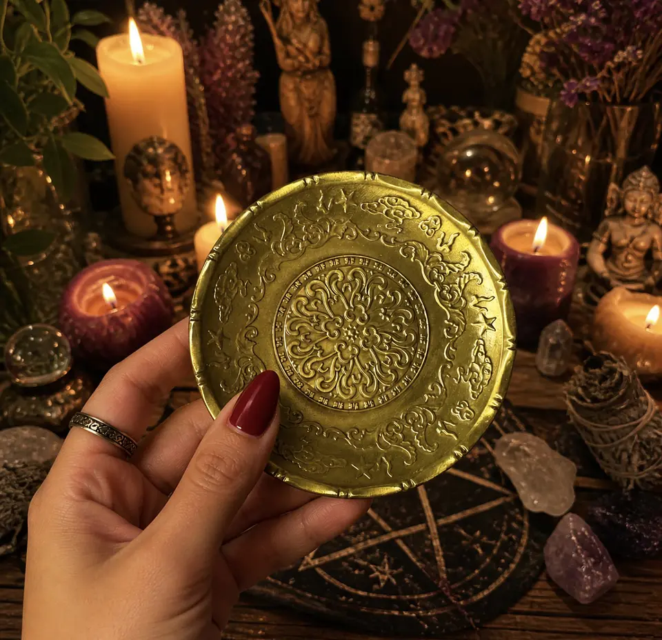 🕯️ Plato Ritual dorado envejecido 9 cm– Base para Velas 1