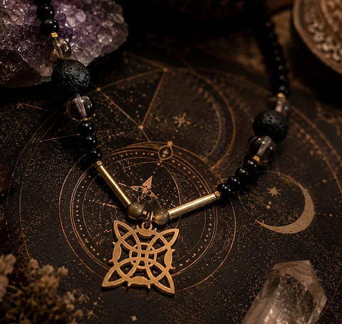 🖤✨ Collar de Piedra Volcánica, Cuarzo Ahumado, Ónix y Nudo de Bruja Pieza única