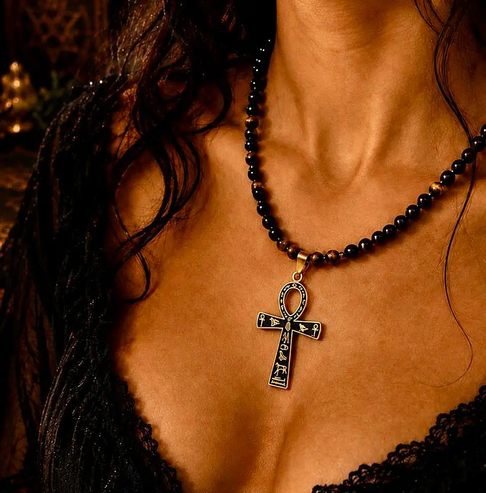 🖤✨ Collar de Ónix, Ojo de Tigre y Cruz Ankh  2
