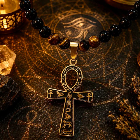 🖤✨ Collar de Ónix, Ojo de Tigre y Cruz Ankh 