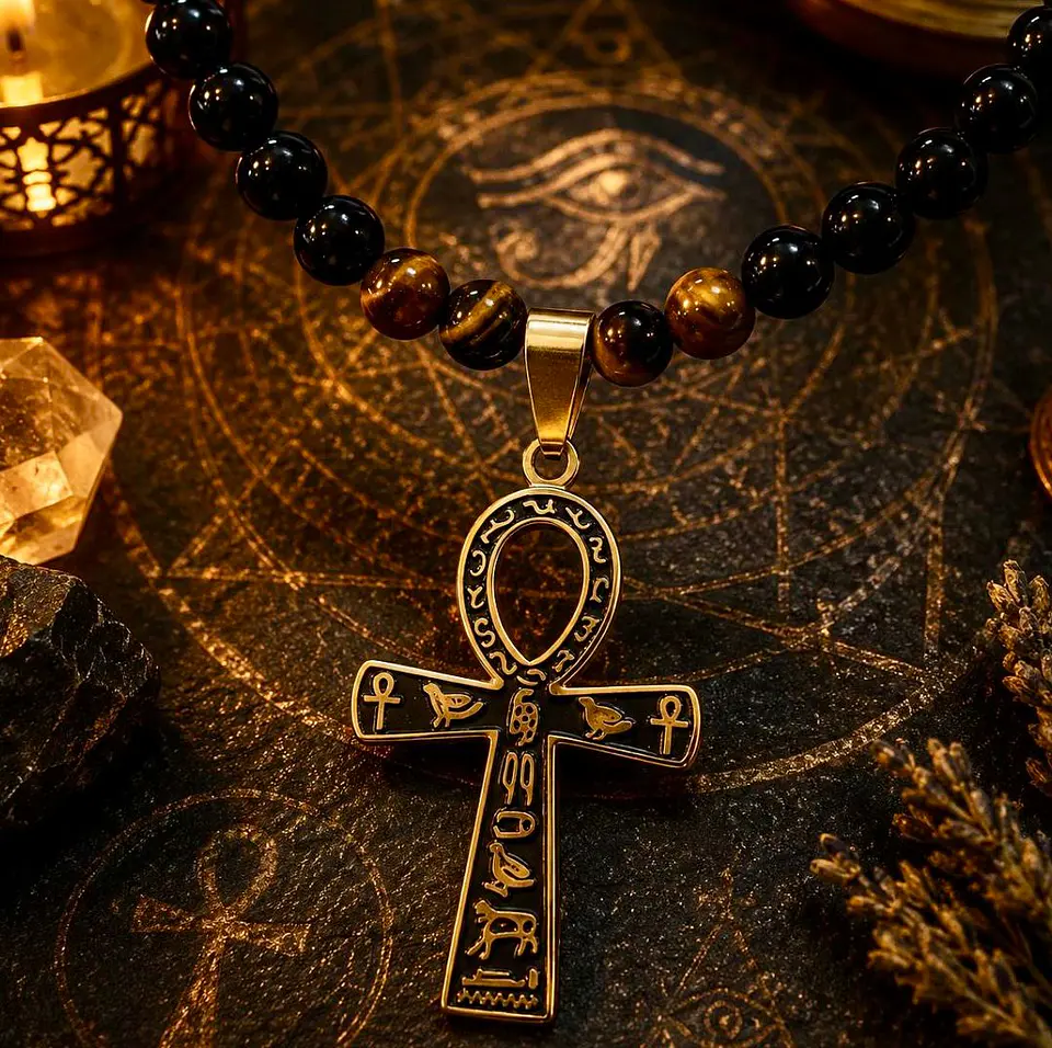 🖤✨ Collar de Ónix, Ojo de Tigre y Cruz Ankh  1