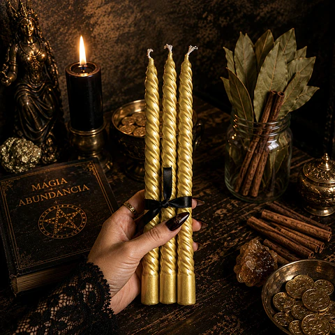 Pack de 3 Velas Doradas Satinadas en Espiral para la Abundancia – 20 cm 🕯️✨