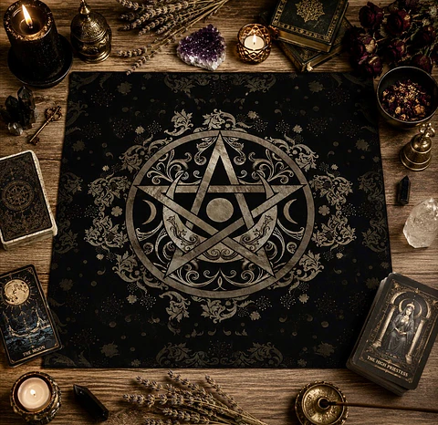 Paño de Altar Esotérico para Tarot – Pentagrama & Triple Luna ✨🔮 75 × 75 cm