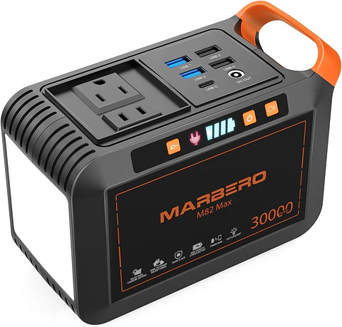 MARBERO Generador solar para camping, estación de energía portátil de 88 Wh, generador de pico de 120 W con panel solar incluido 21 W, CA, CC, USB QC3.0, linterna LED para exterior...