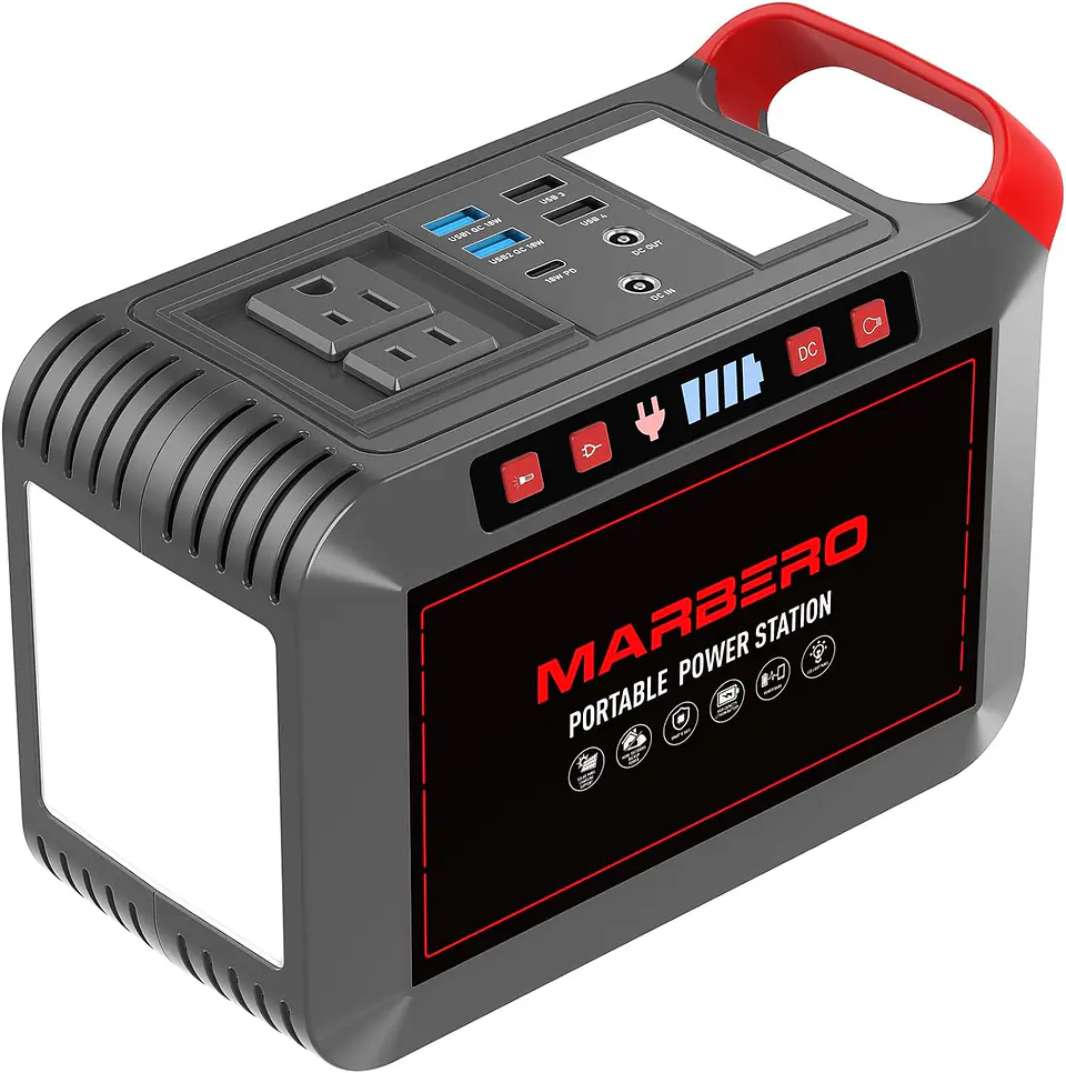 MARBERO Generador solar para camping, estación de energía portátil de 88 Wh, generador de pico de 120 W con panel solar incluido 21 W, CA, CC, USB QC3.0, linterna LED para exterior... 2