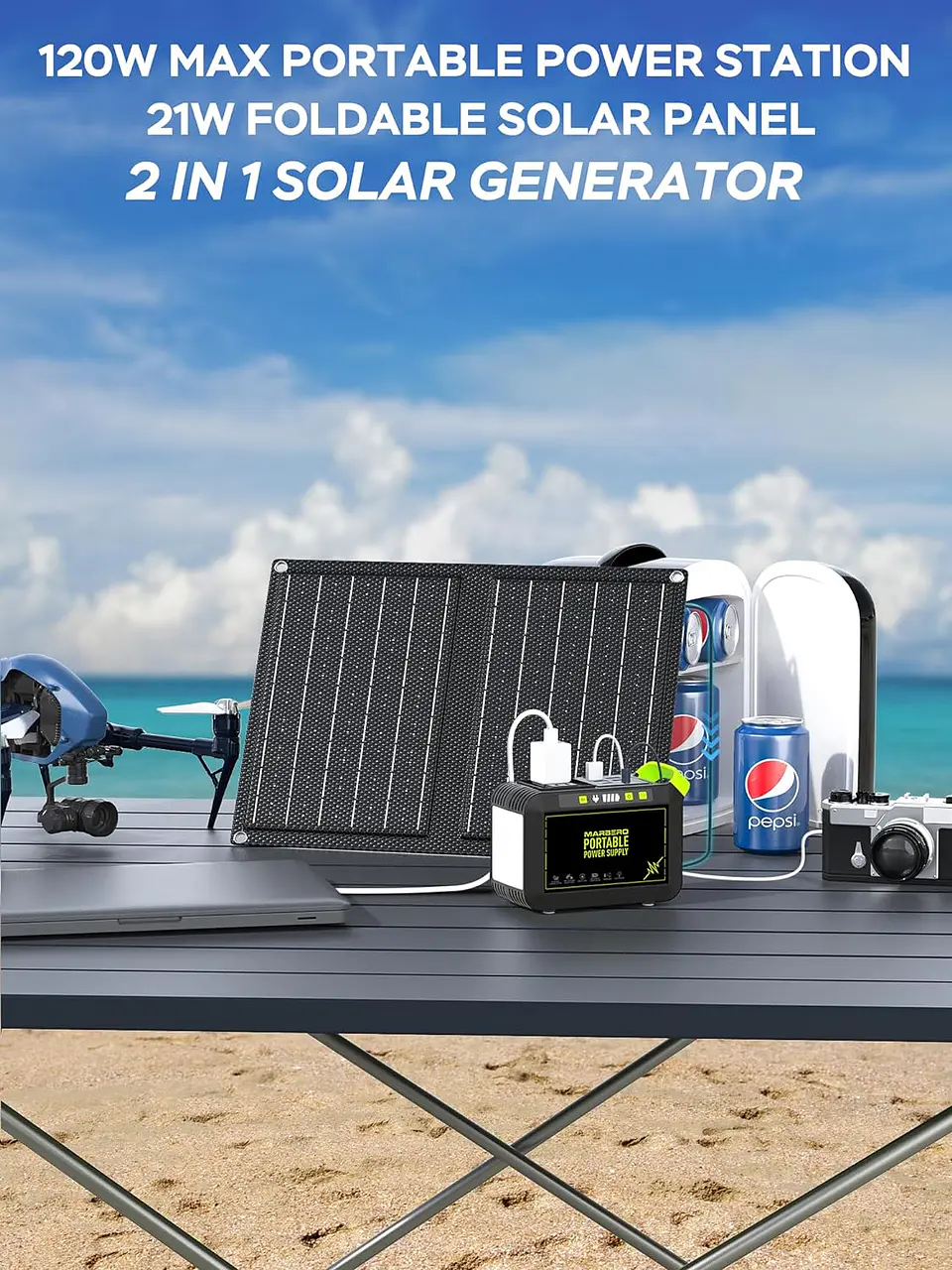 MARBERO Generador solar para camping, estación de energía portátil de 88 Wh, generador de pico de 120 W con panel solar incluido 21 W, CA, CC, USB QC3.0, linterna LED para exterior... 8