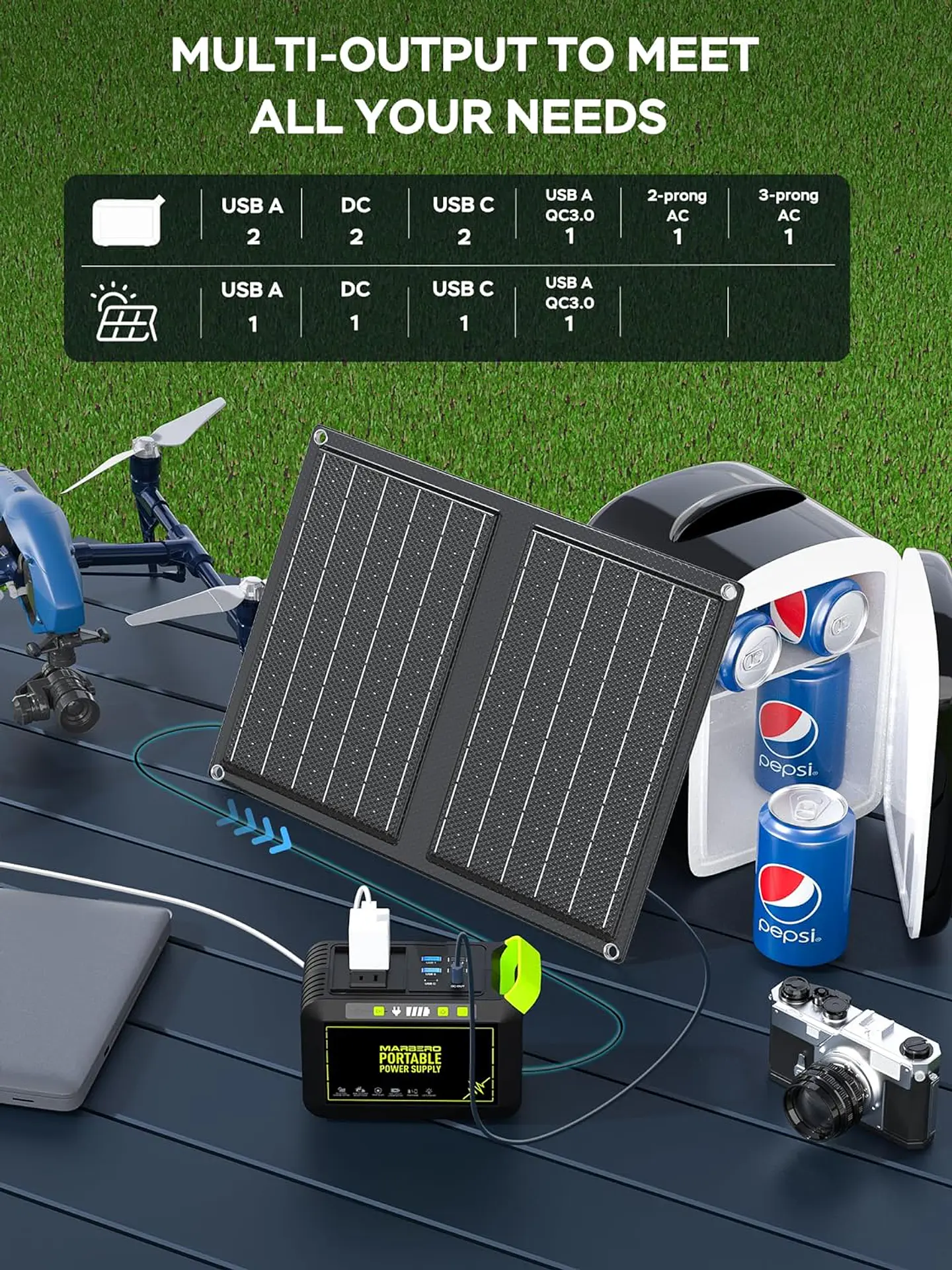 MARBERO Generador solar para camping, estación de energía portátil de 88 Wh, generador de pico de 120 W con panel solar incluido 21 W, CA, CC, USB QC3.0, linterna LED para exterior... 10