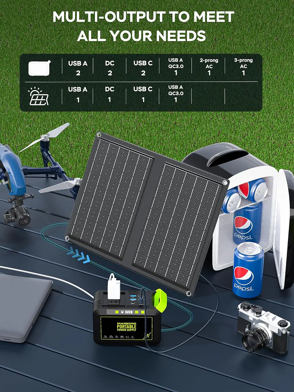 MARBERO Generador solar para camping, estación de energía portátil de 88 Wh, generador de pico de 120 W con panel solar incluido 21 W, CA, CC, USB QC3.0, linterna LED para exterior... 10