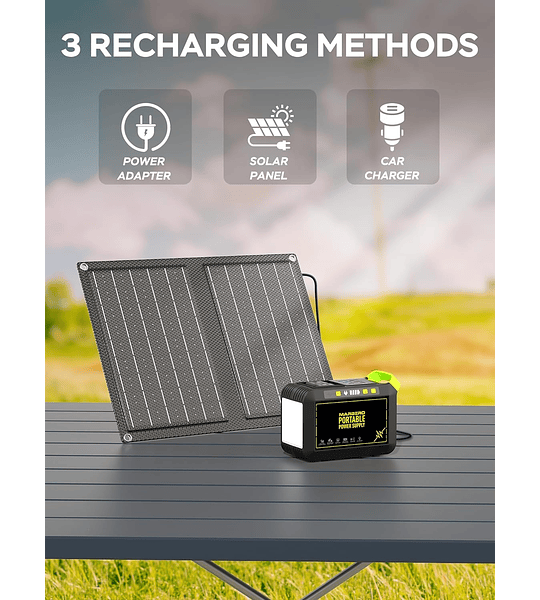 MARBERO Generador solar para camping, estación de energía portátil de 88 Wh, generador de pico de 120 W con panel solar incluido 21 W, CA, CC, USB QC3.0, linterna LED para exterior...