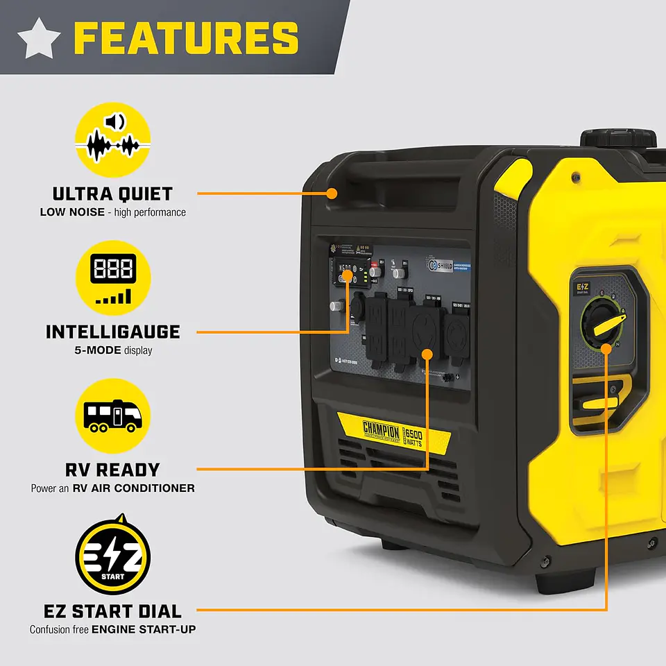 Champion Power Equipment 201238 6500-Watt RV Ready Generador Inverter portátil con tecnología silenciosa y escudo de CO 6