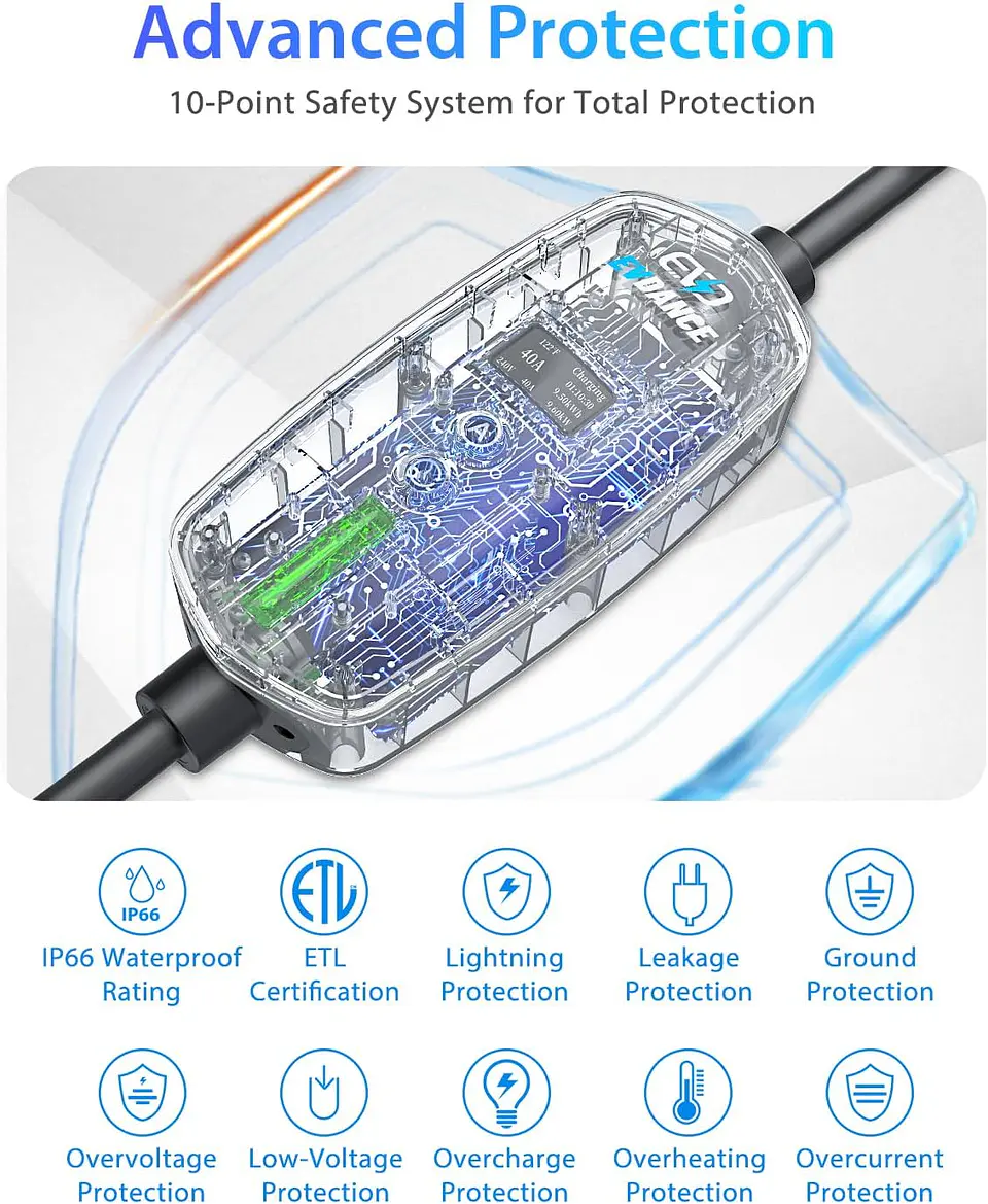 Cargador EV de nivel 2 (40 amperios, 240 V, NEMA 14-50P), estaciones de carga de vehículos eléctricos portátiles cargador EV con cable de carga de 28 pies cargadores EV para el hog... 7