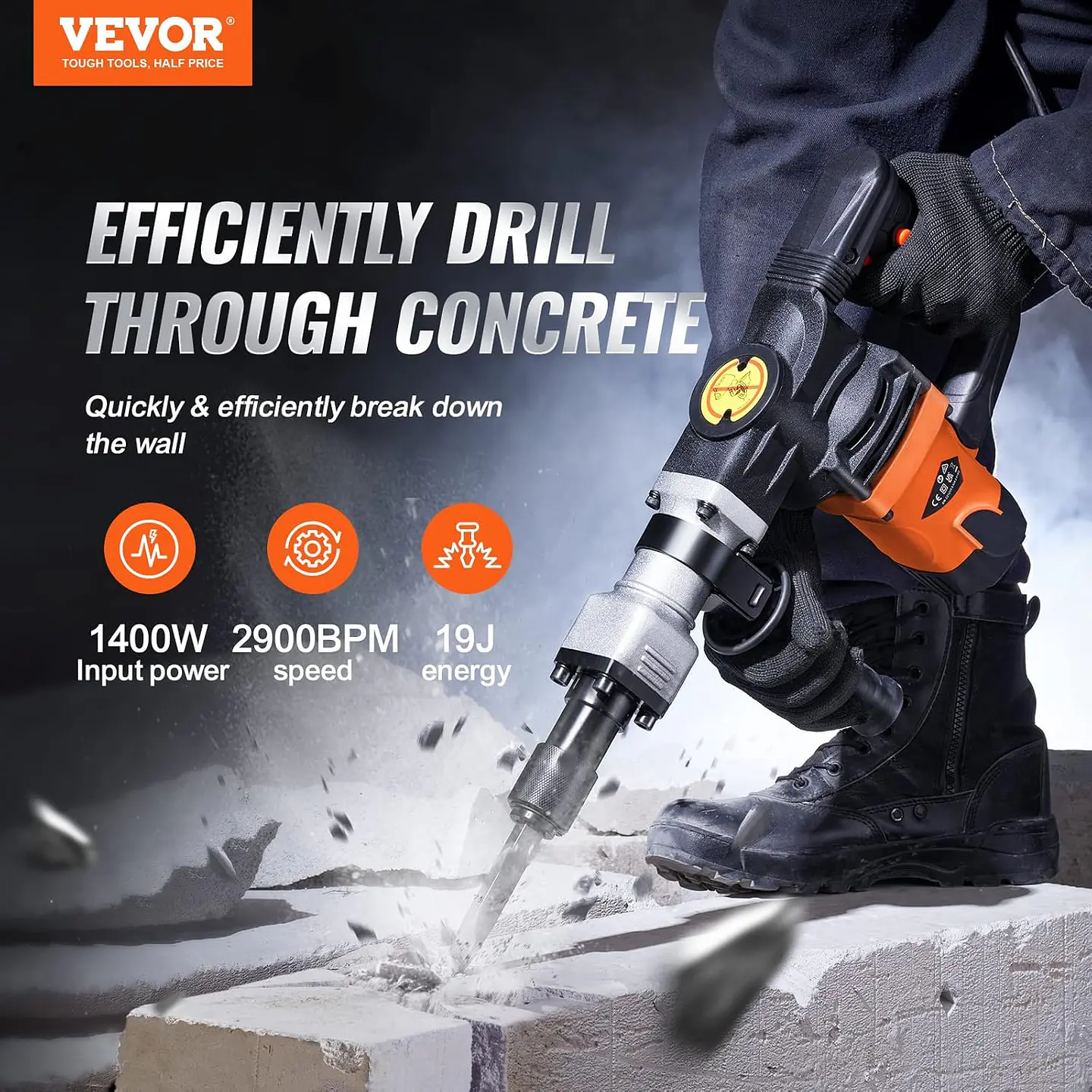 VEVOR Martillo de demolición eléctrico de 1,400 W, resistente, de 2,900 BPM, para romper hormigón, 2 brocas de cincel para astillar con funda y guantes 4